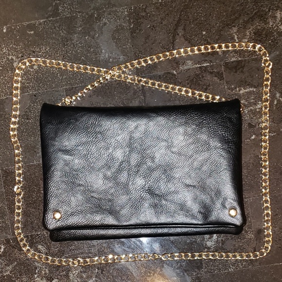 Dots Handbags - Black pleather purse with gold chain strap